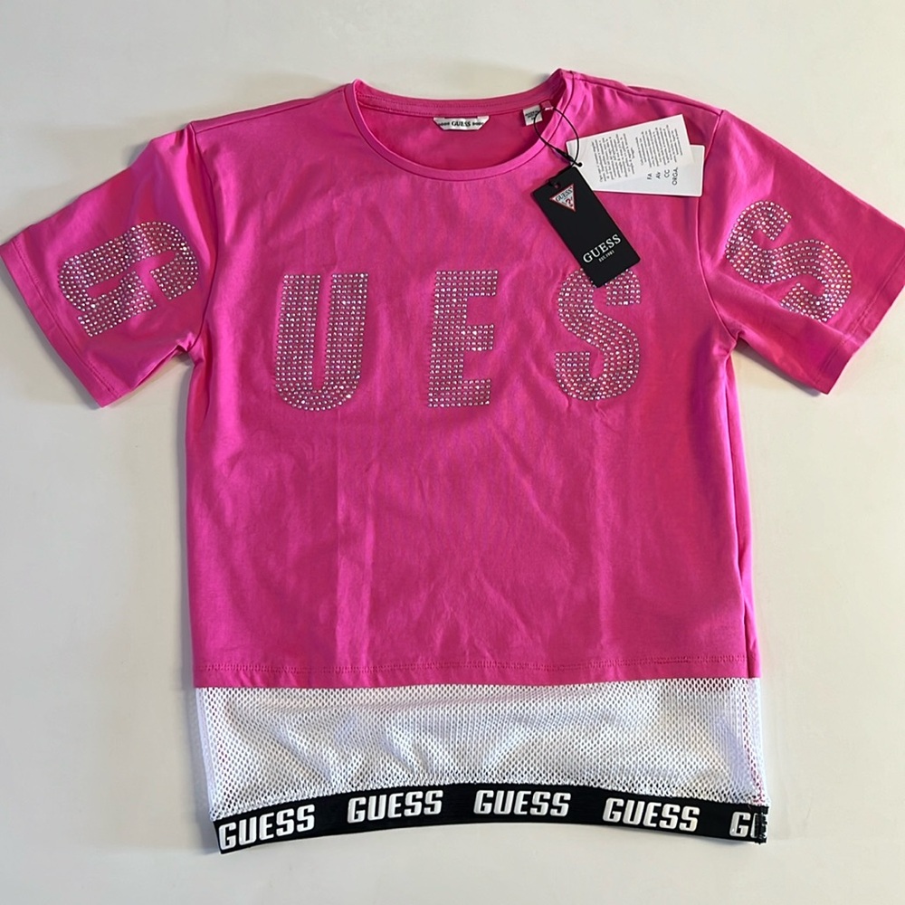 *NWT Guess Girls Rhinestone Logo Mesh Pink T-Shirt Size 14 - Picture 1 of 2